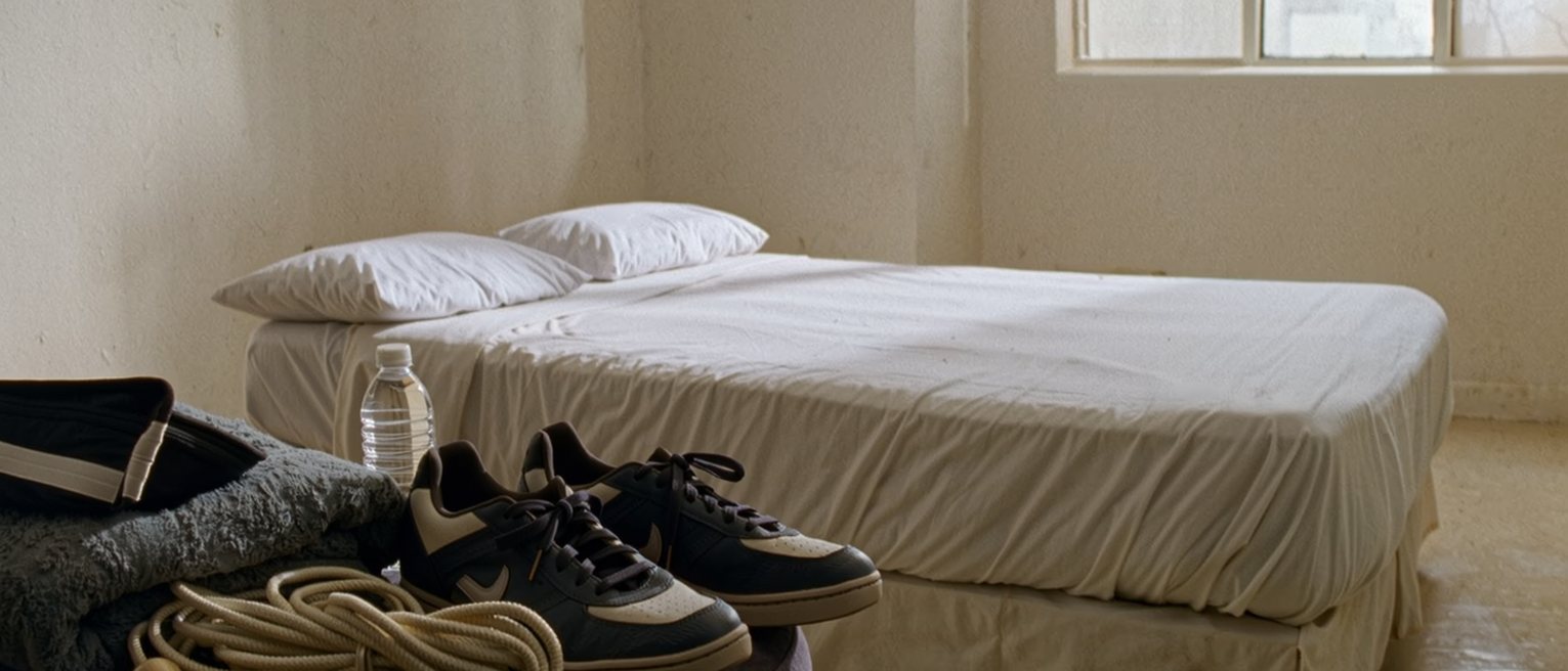 a bedroom seen close with a pair of trainers set out on the low stool beside a coiled skipping rope and a folded towel, a water bottle, the bed made behind, the window soft beyond