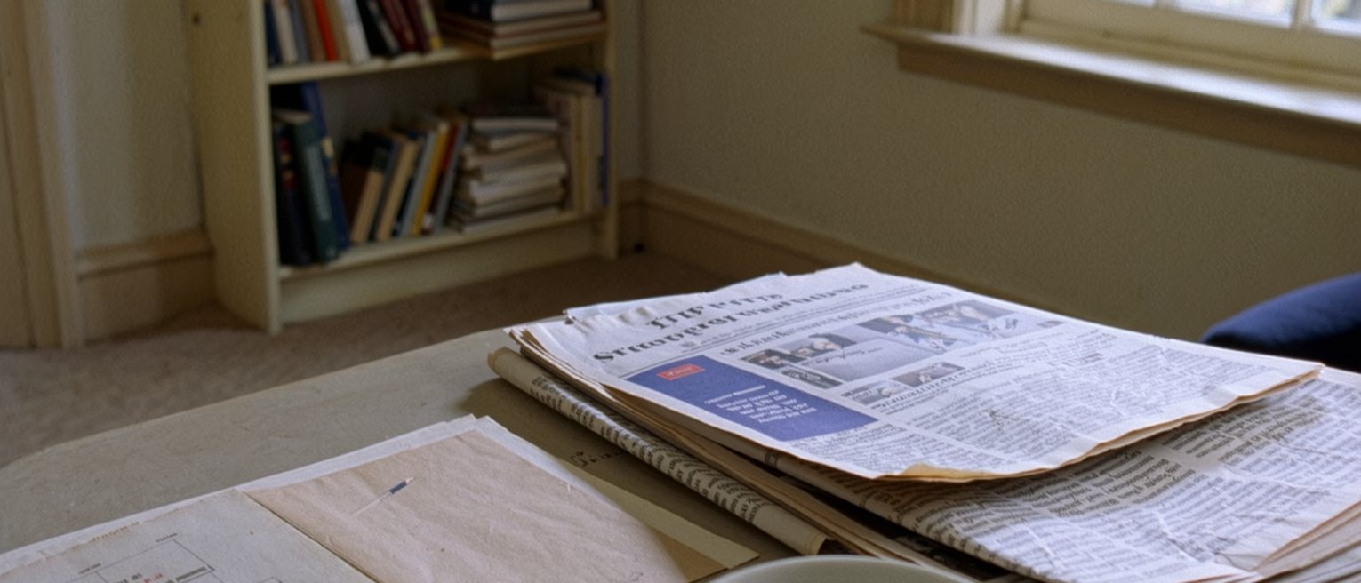 a desk seen close with two award programmes side by side, one page marked with a pencil, a stack of newspaper reviews with one paragraph underlined and a cup of tea, the bookshelves soft behind