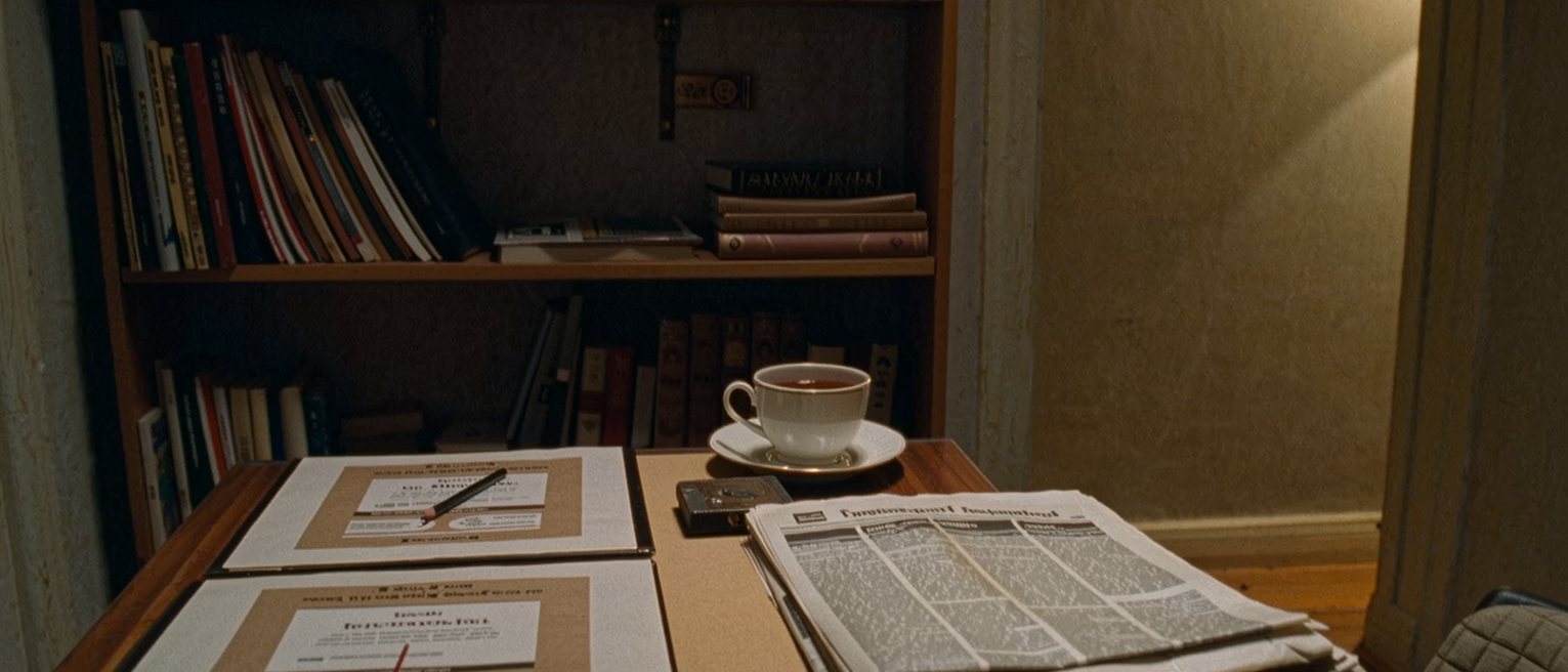 a desk seen close with two award programmes side by side, one page marked with a pencil, a stack of newspaper reviews with one paragraph underlined and a cup of tea, the bookshelves soft behind