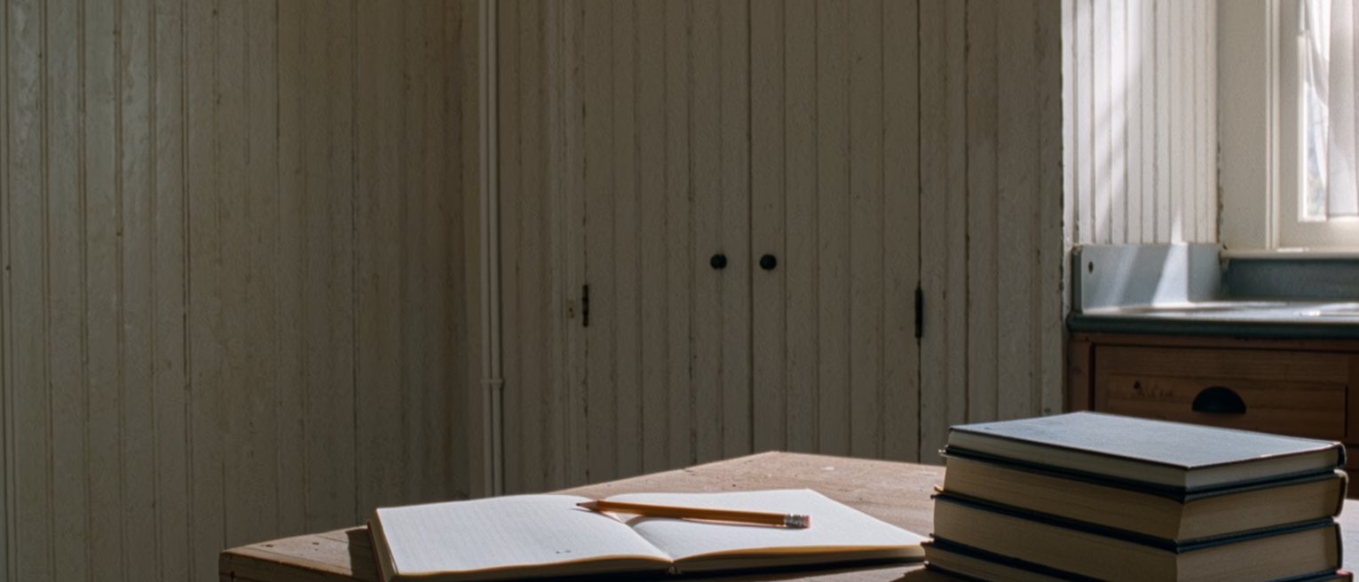 a kitchen table with a notebook open at a blank page and a pencil laid in the fold, a stack of closed books beside it