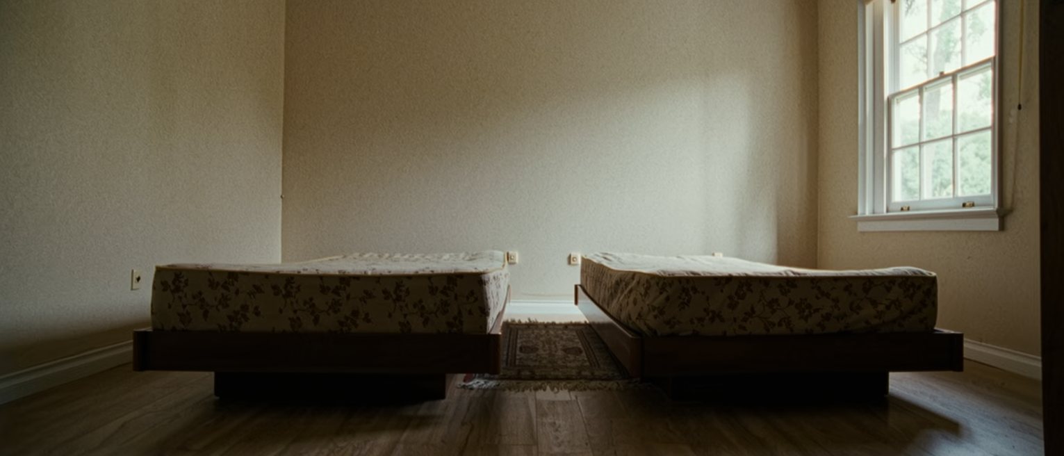 a bedroom with the double bed pushed apart into two singles and a rug laid in the gap between them