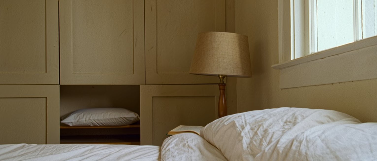 a bedroom with the covers turned down on one side only, the second pillow put away on the wardrobe shelf, a lamp and a book on the near bedside table
