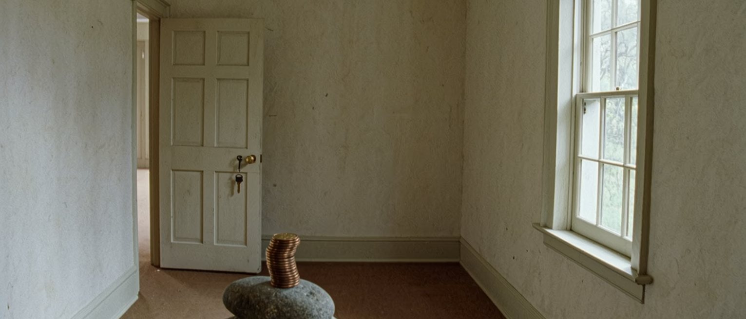 a small room with a desk under the window, a key on the inside of the door and a small stack of coins weighted under a stone on the desk