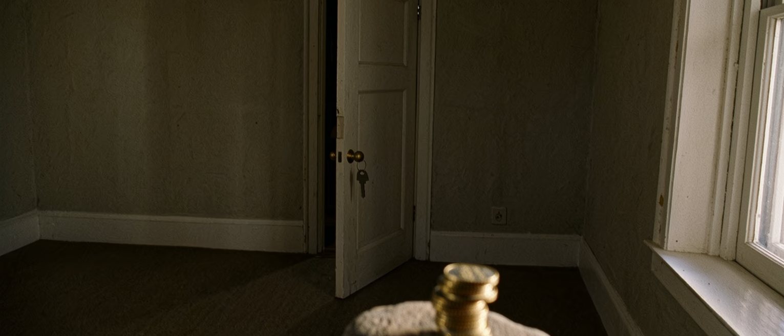 a small room with a desk under the window, a key on the inside of the door and a small stack of coins weighted under a stone on the desk