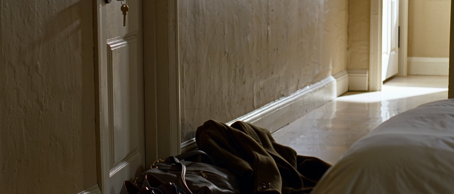 a bedroom door seen from inside with the key turned in the lock and a coat, a bag and a pair of shoes ready beside it