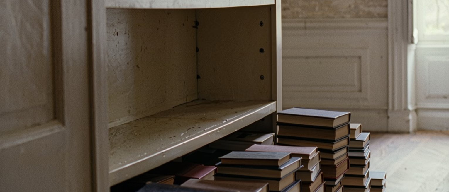 a bookshelf with one shelf cleared and its books still stacked in piles on the floor beneath it