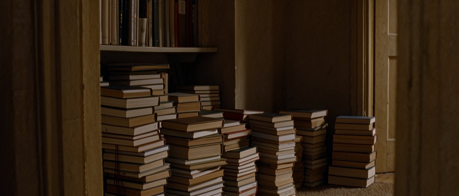 a bookshelf with one shelf cleared and its books still stacked in piles on the floor beneath it