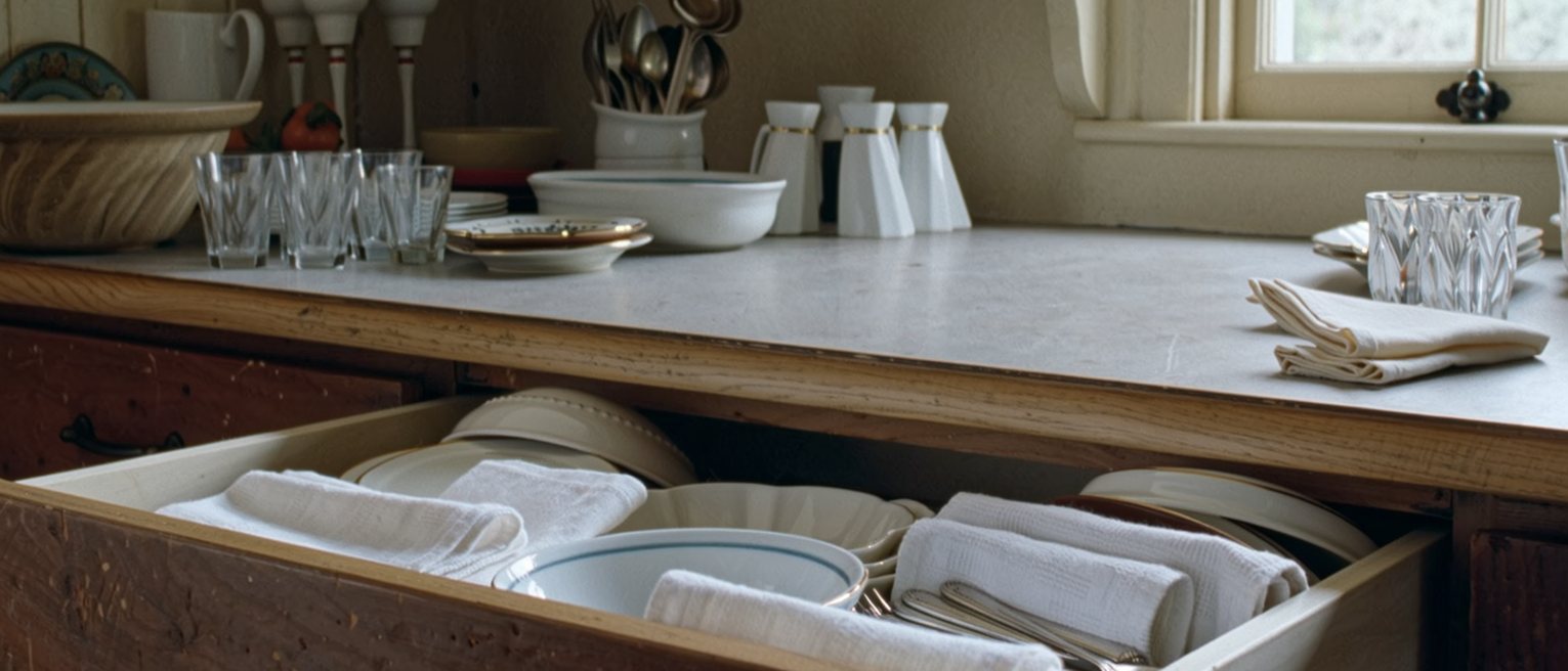 a kitchen drawer pulled right out and set on the table, its contents sorted into groups