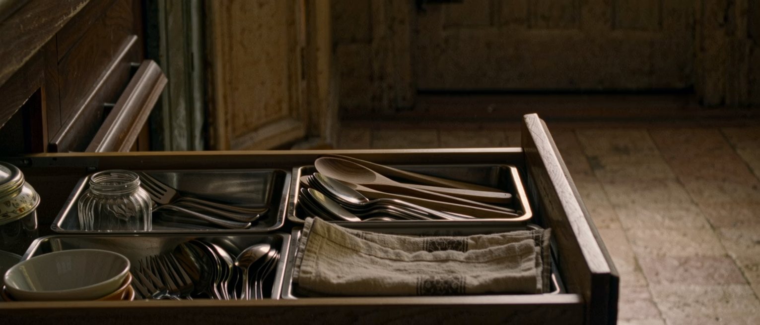 a kitchen drawer pulled right out and set on the table, its contents sorted into groups