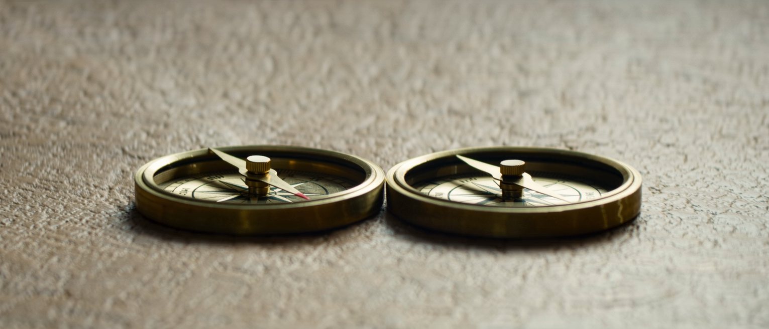 two brass compass cards side by side, each needle settled on a different bearing