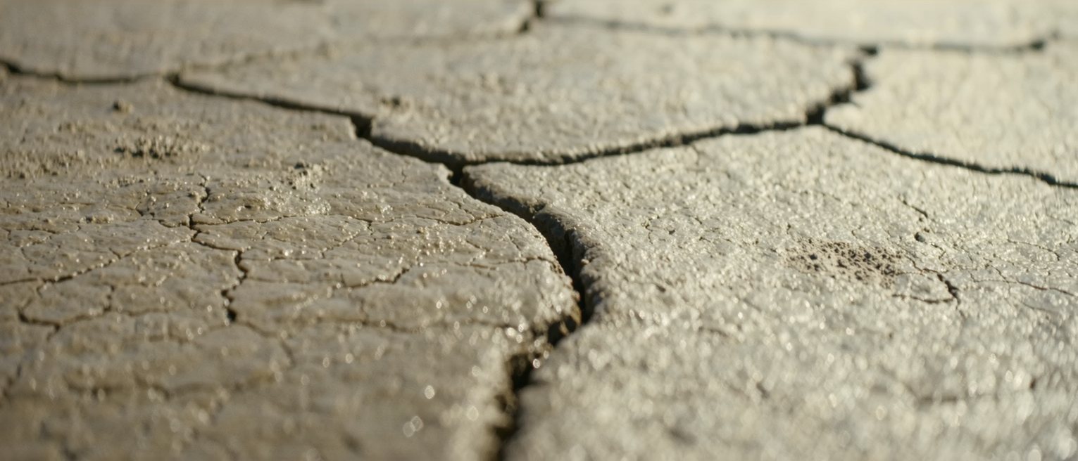 dried mud cracked across a flat bed, one crack forking into two
