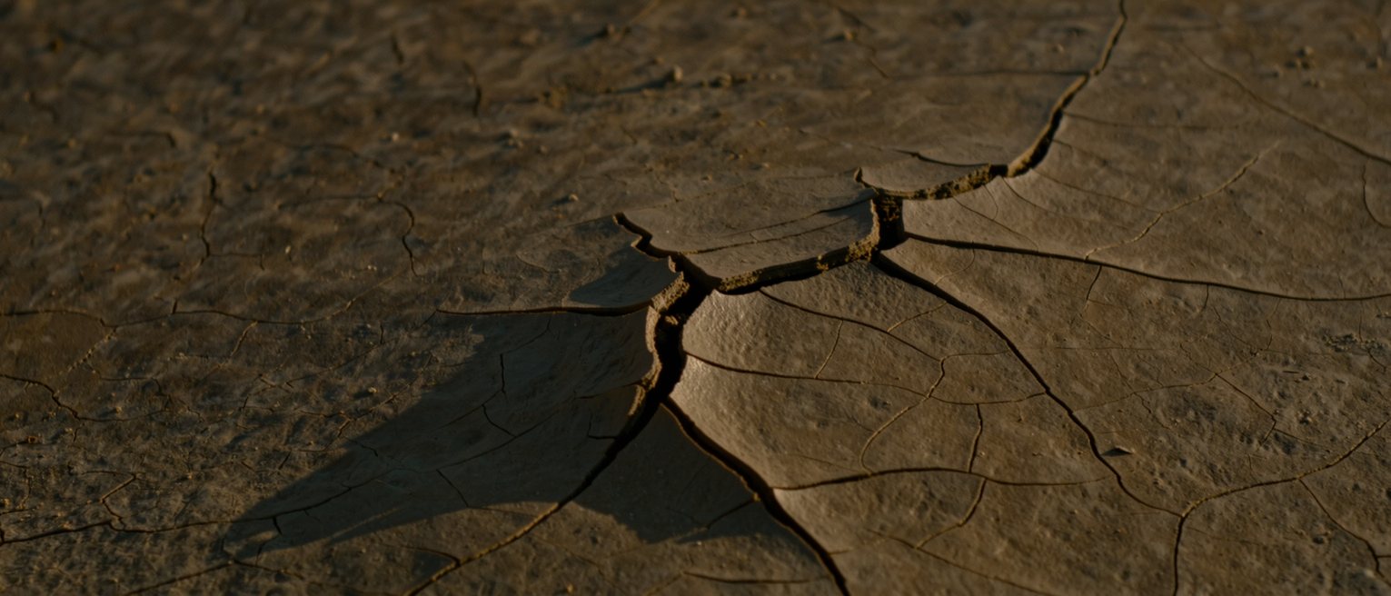 dried mud cracked across a flat bed, one crack forking into two