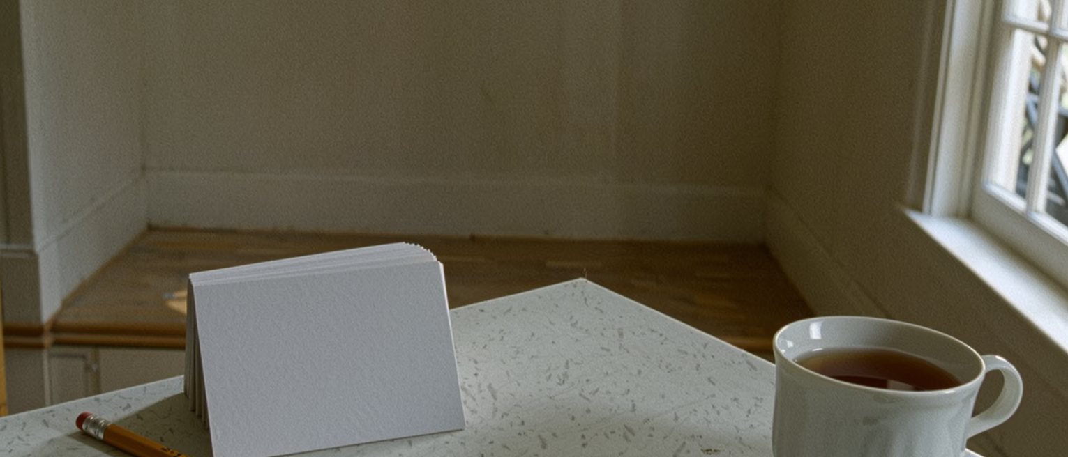 a kitchen table with a stack of index cards, the top one blank, a pencil worn to a stub and a cup of tea