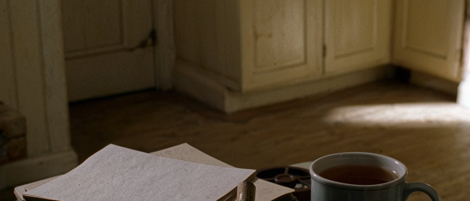 a kitchen table with a stack of index cards, the top one blank, a pencil worn to a stub and a cup of tea