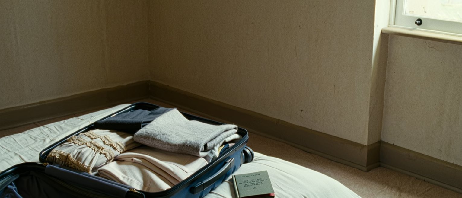 a bedroom with a suitcase half unpacked and clothes from two climates in it, a small phrasebook closed on the pillow