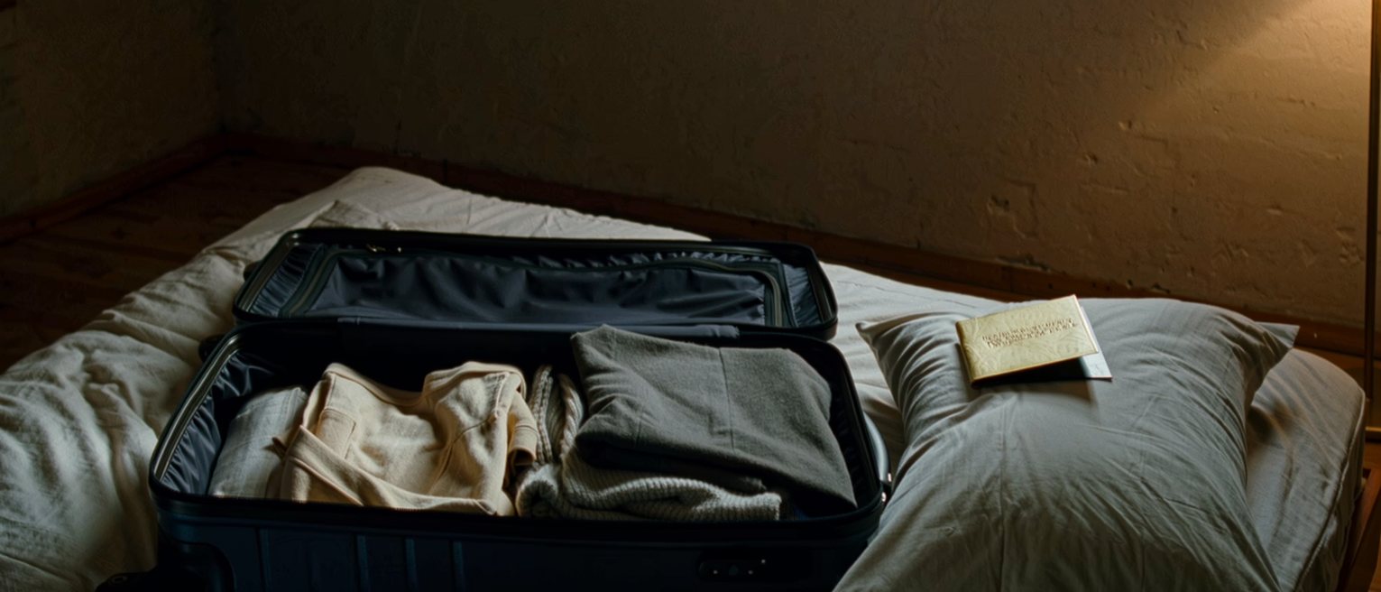 a bedroom with a suitcase half unpacked and clothes from two climates in it, a small phrasebook closed on the pillow
