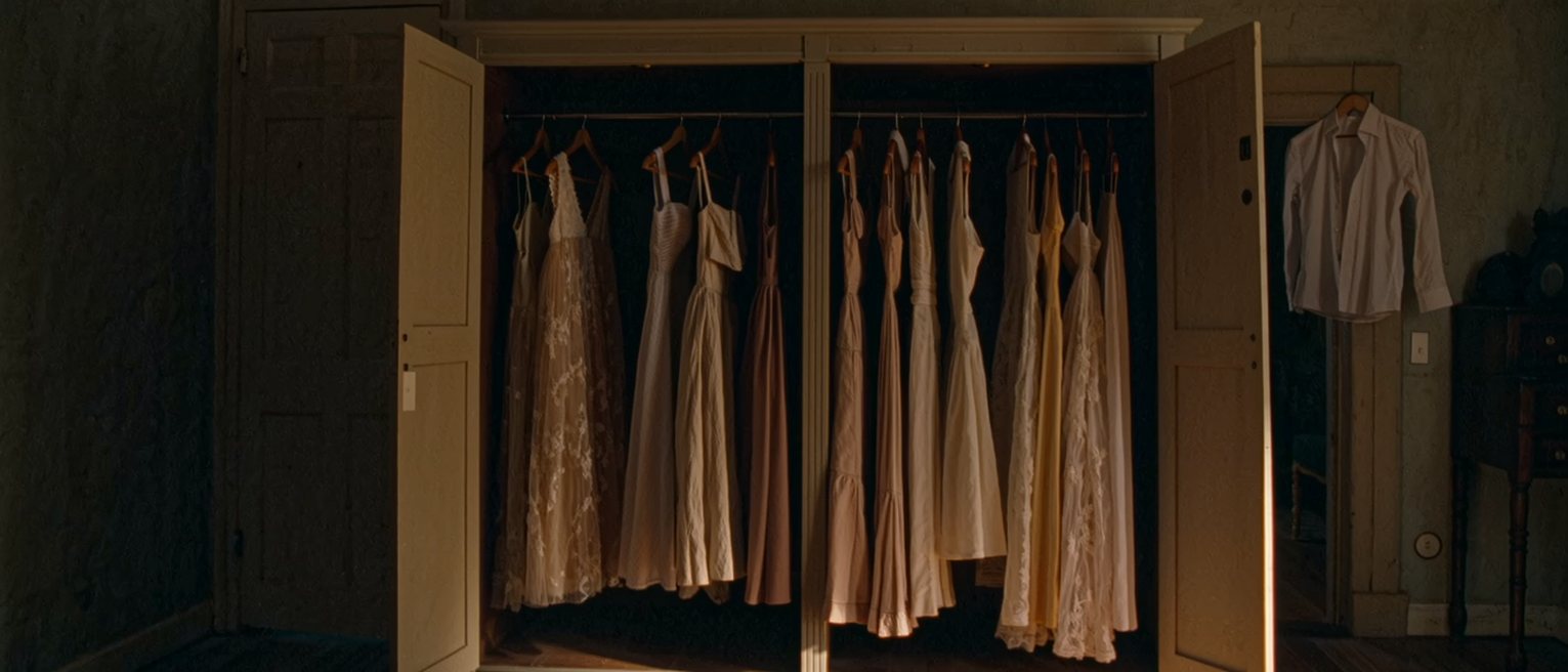 a wardrobe with every dress hung facing the same way and a single plain shirt at the far end, the labels all turned out