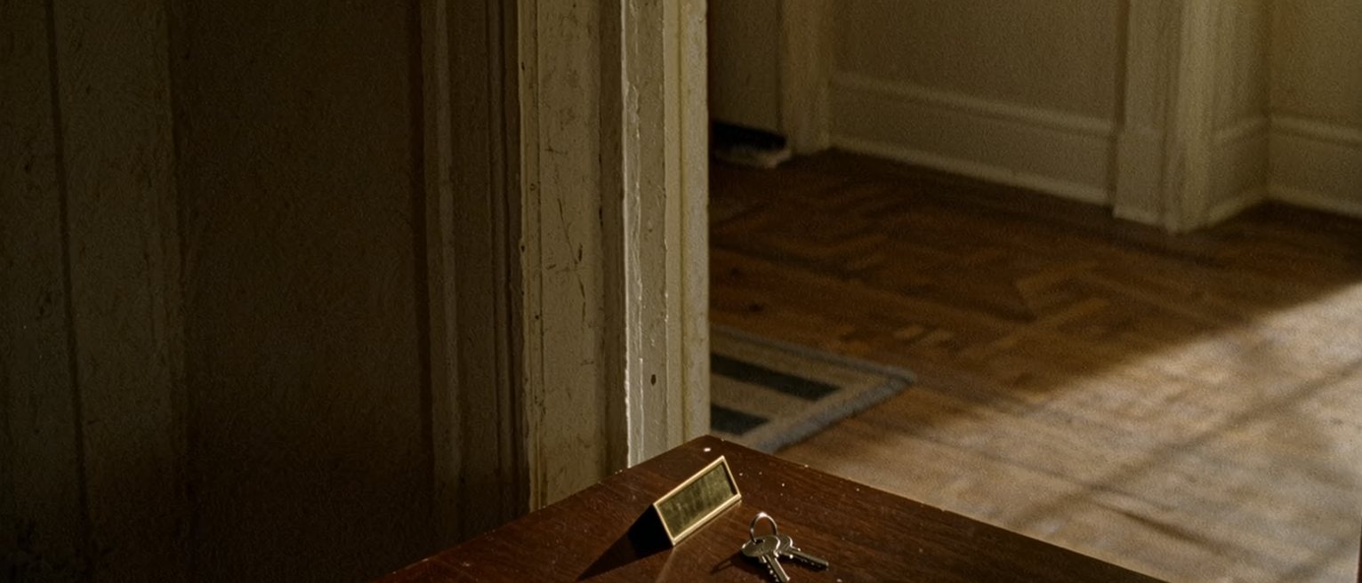 a hall table with a name card gone from its brass holder, the holder still standing, and a set of keys beside it