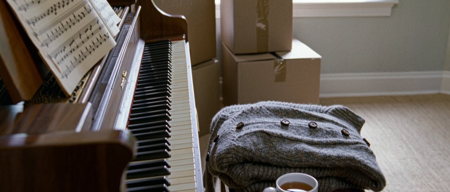 a sitting room seen close with a piano bench and a piano primer open on the stand, a cardigan folded on the bench and a cup of tea gone cold, the boxes from the move still stacked soft behind