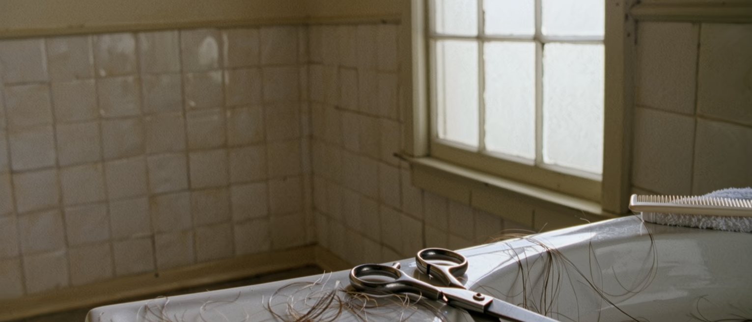 a bathroom seen close with a pair of scissors laid on the basin and a length of cut hair in the sink, a comb and a towel, the window and the tiled wall close behind