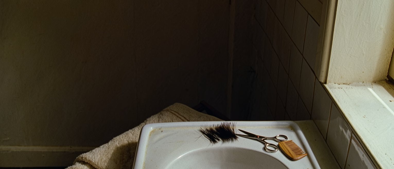 a bathroom seen close with a pair of scissors laid on the basin and a length of cut hair in the sink, a comb and a towel, the window and the tiled wall close behind