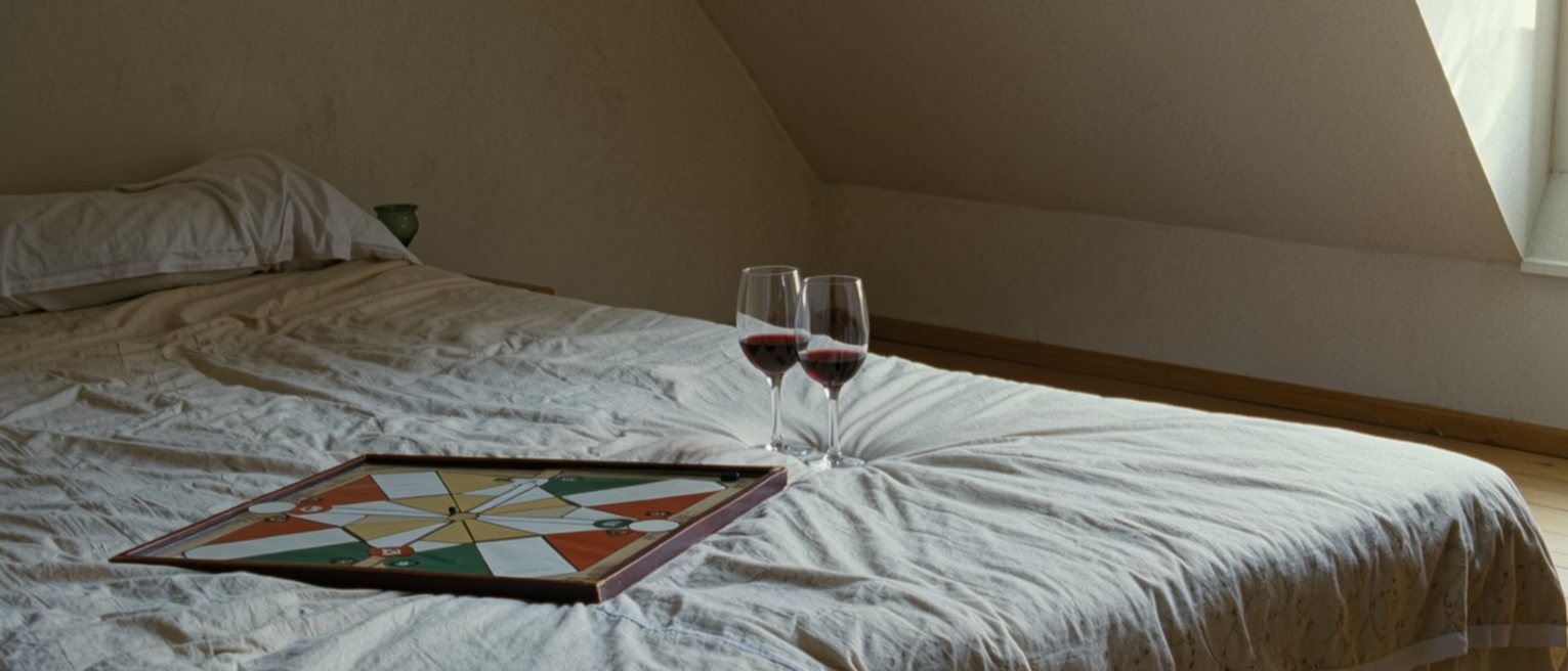 a bedroom with a board game left mid-play across the bed and two glasses of wine standing on the floor beside it