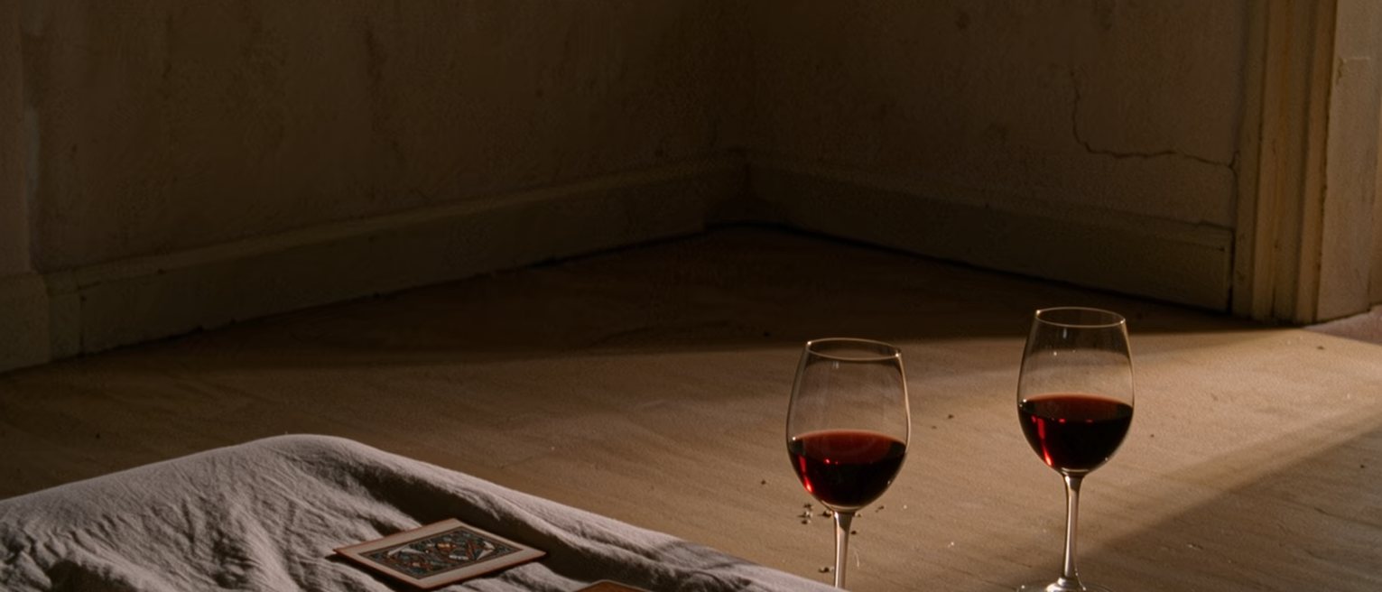a bedroom with a board game left mid-play across the bed and two glasses of wine standing on the floor beside it