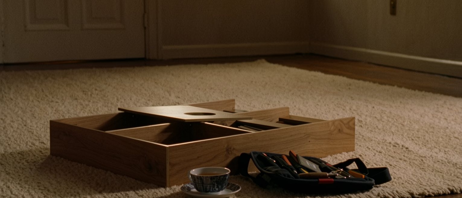 a sitting room where a bookshelf has been carried in and left unassembled, its parts laid out on the rug beside an open toolbag and a second cup of tea