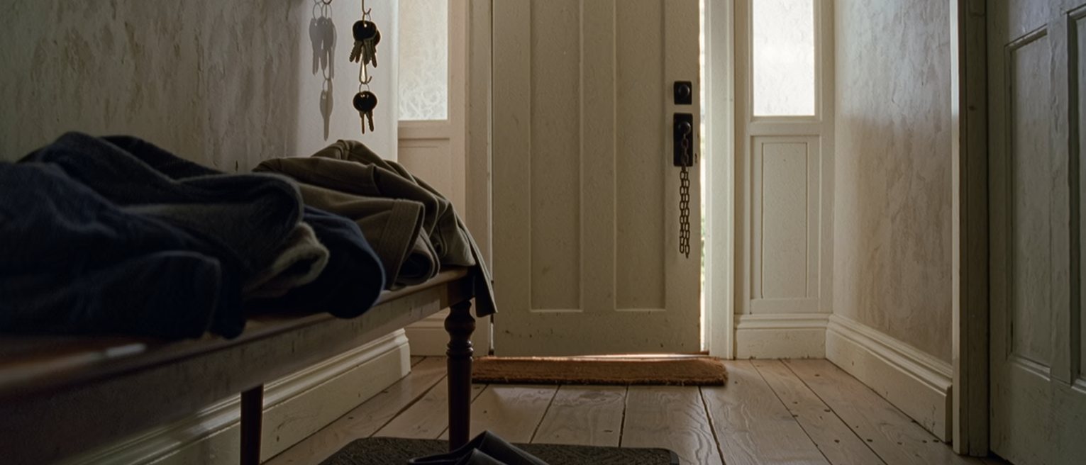 a hallway by the front door: a second set of keys hanging on a hook beside the first, a spare pair of slippers set out on the mat beneath, coats on the rack close behind and the door standing straight, its chain hanging loose