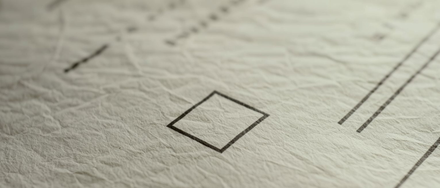 the corner of a printed paper form where a single unmarked tick box stands empty, the sheet slightly cockled