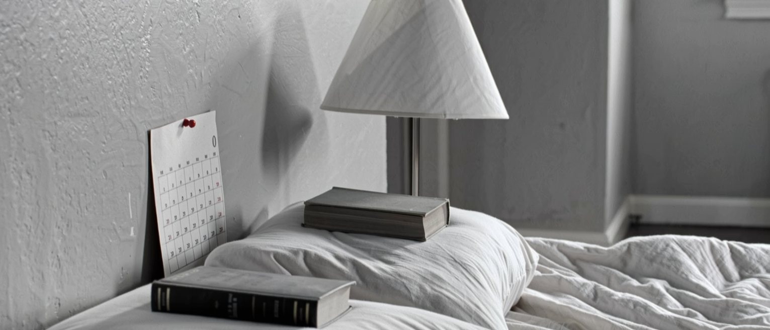 a bedroom seen close with two pillows side by side and a book on each, a paper calendar with its month grid pinned by the bed and no mark on it, the lamp close behind