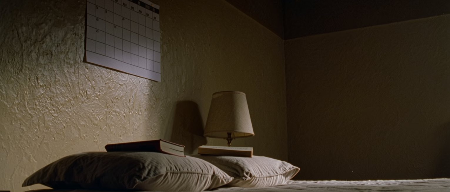 a bedroom seen close with two pillows side by side and a book on each, a paper calendar with its month grid pinned by the bed and no mark on it, the lamp close behind