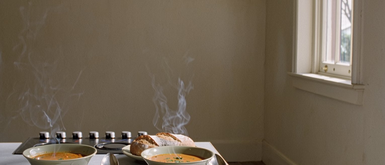 a kitchen table seen close with two bowls of soup, two spoons and one shared plate of bread between them, the steam still rising and the stove close behind