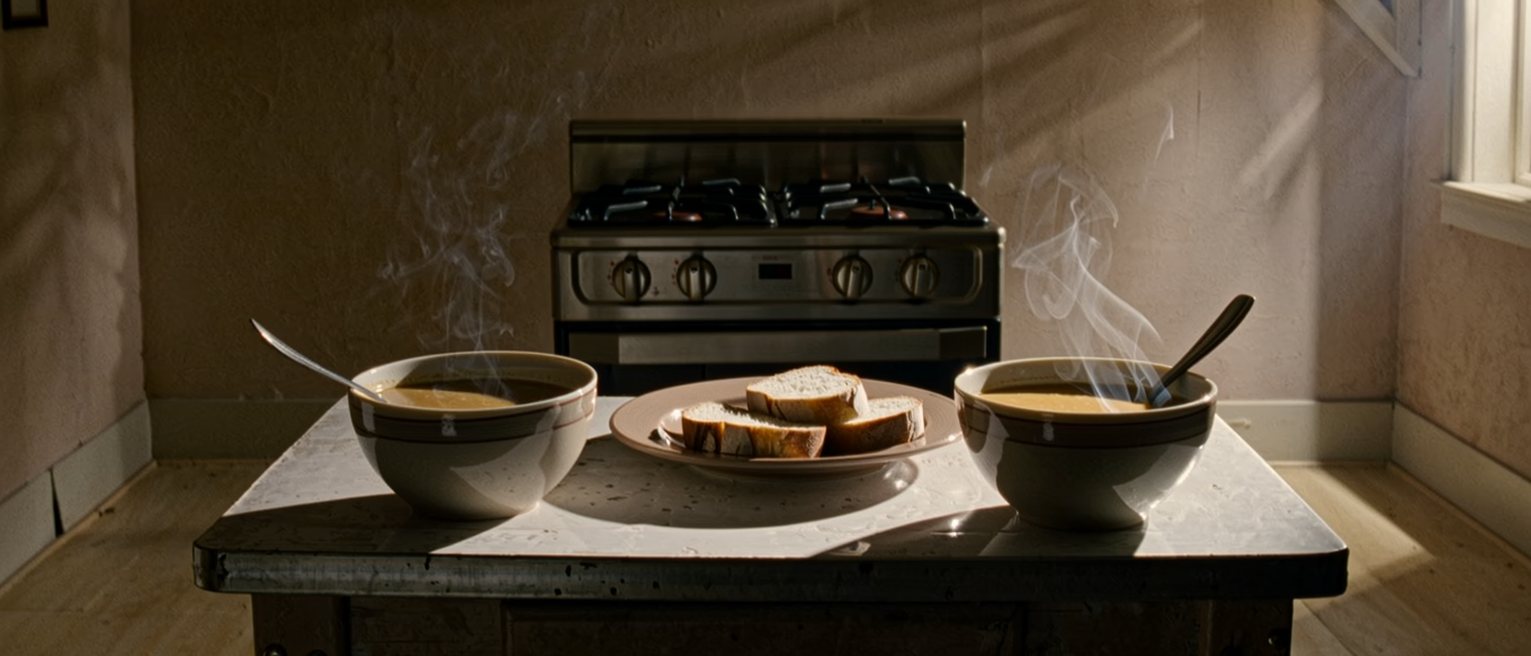 a kitchen table seen close with two bowls of soup, two spoons and one shared plate of bread between them, the steam still rising and the stove close behind