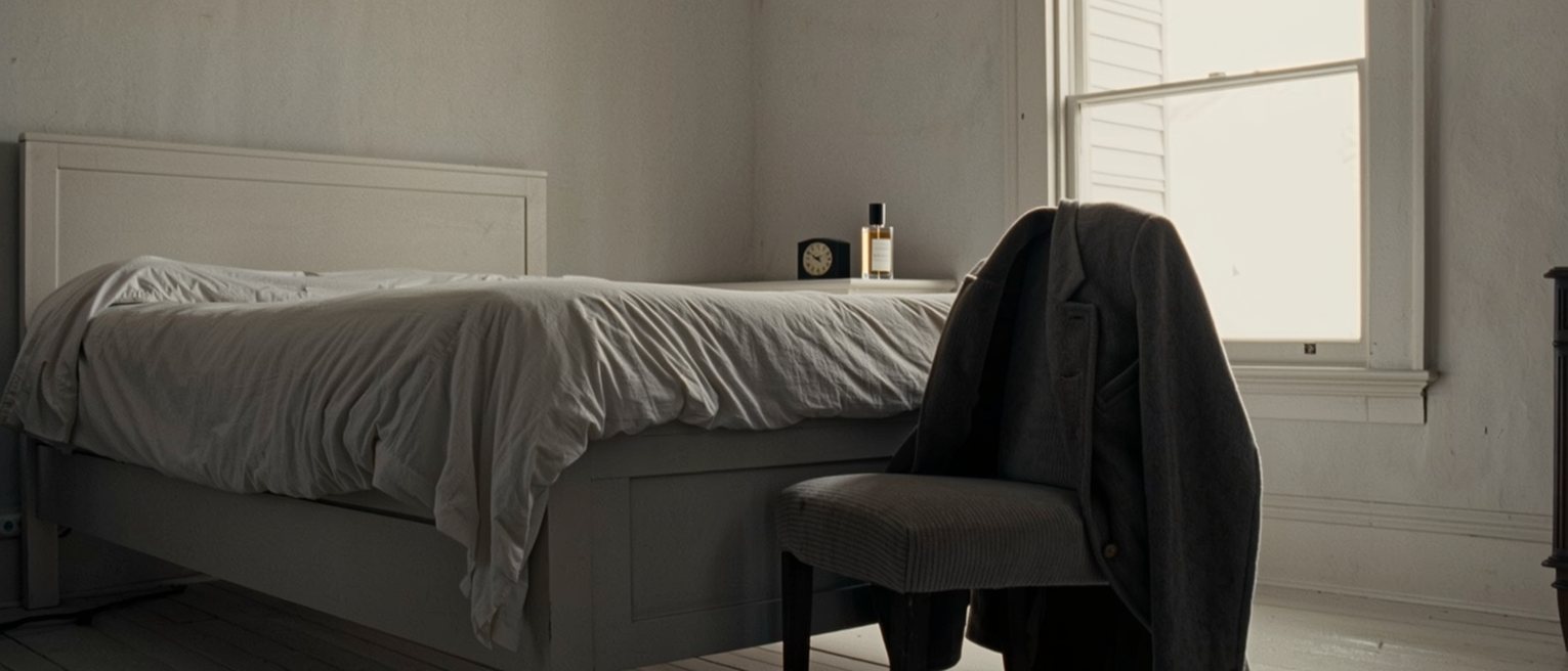 a bedroom seen close with a good coat laid over the back of the chair and a pair of shoes set out below it, a scent bottle and a small clock on the dresser, the bed made behind, the window soft beyond
