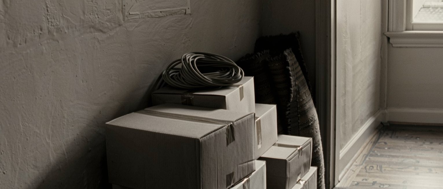 a landing seen close with a stack of boxes squared against the wall beside a rolled rug and a coil of cord on top