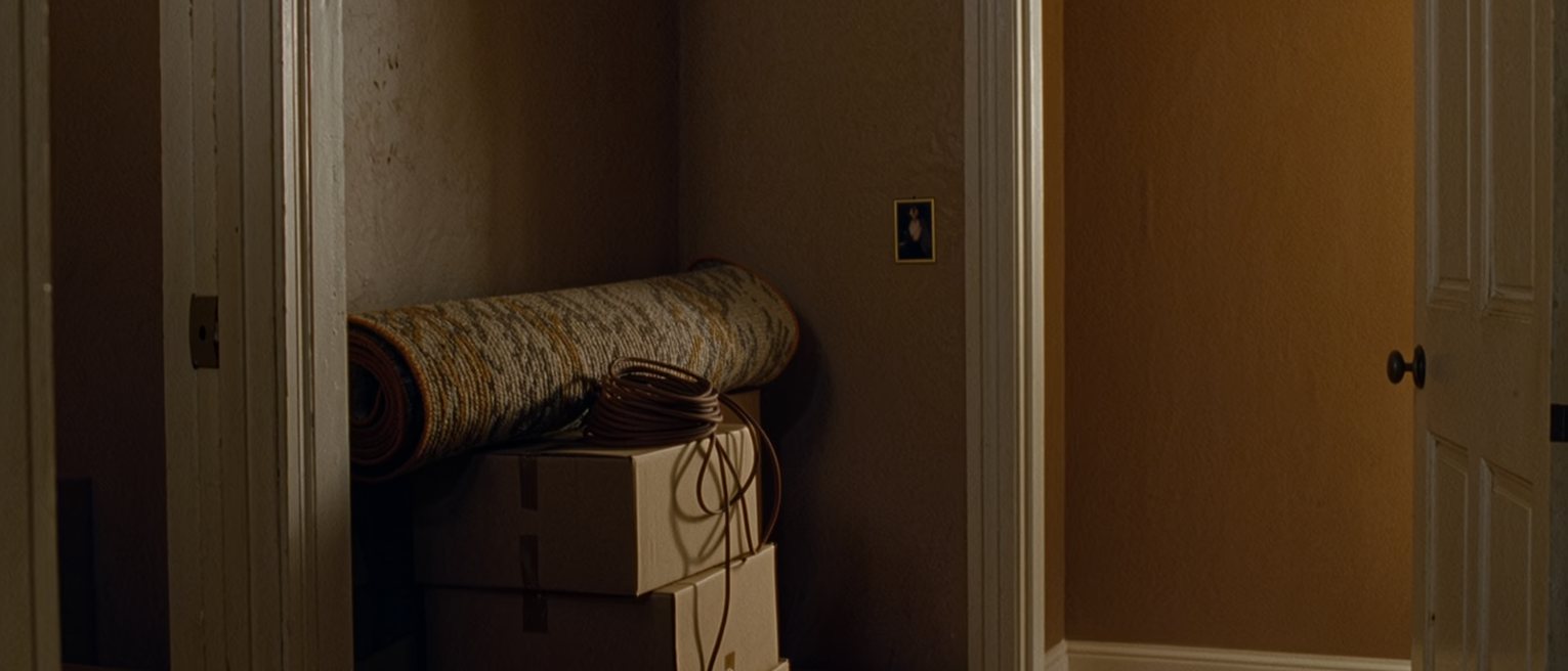 a landing seen close with a stack of boxes squared against the wall beside a rolled rug and a coil of cord on top