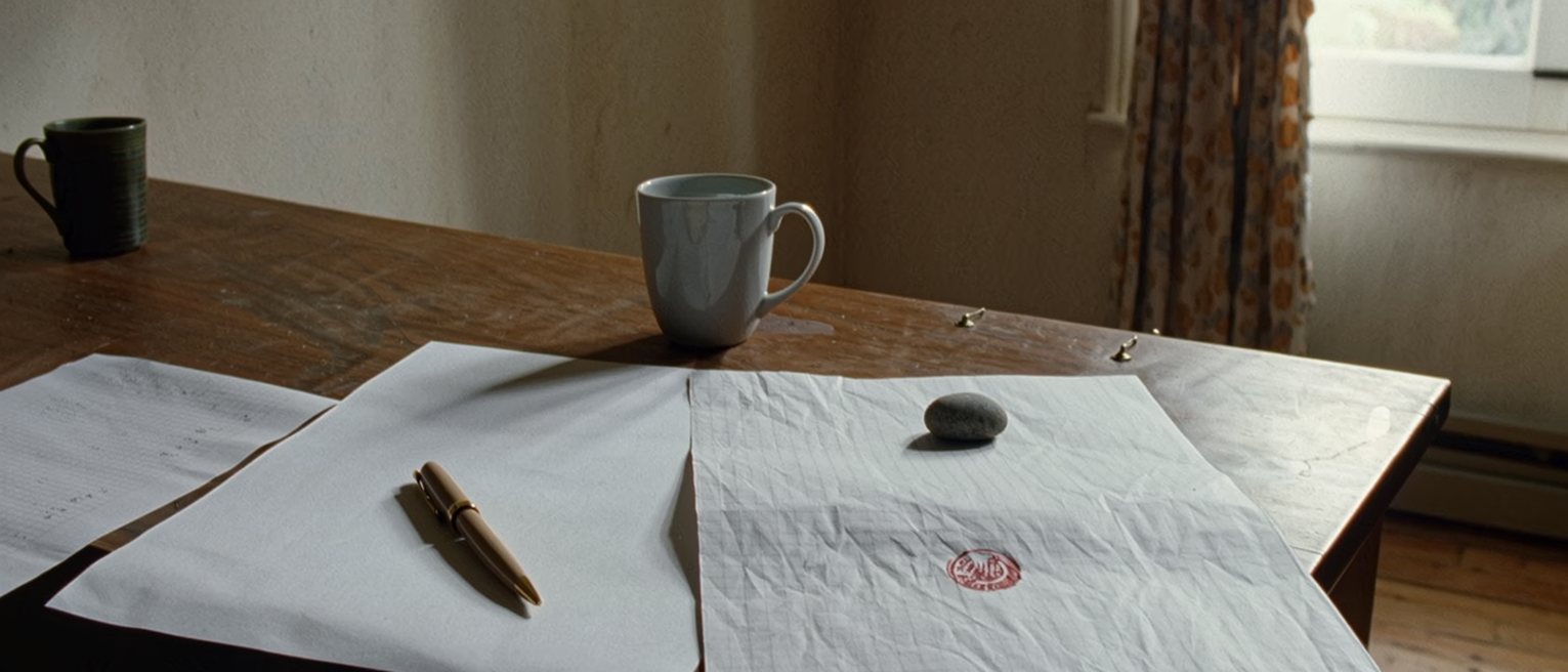 a writing desk seen from just above its edge so the tabletop fills the frame, two sheets of plain paper squared side by side under a small smooth stone, one sheet stamped in vermilion at its foot and the other left empty, a pen laid across the empty one, a cup set back behind them