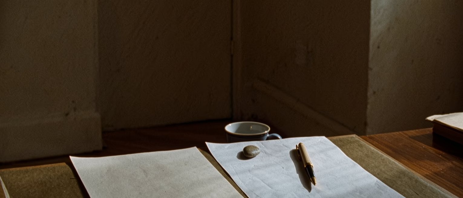 a writing desk seen from just above its edge so the tabletop fills the frame, two sheets of plain paper squared side by side under a small smooth stone, one sheet stamped in vermilion at its foot and the other left empty, a pen laid across the empty one, a cup set back behind them