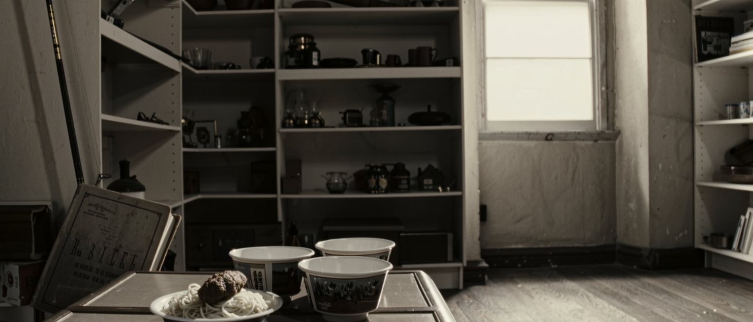 a low table seen close with instant noodles with a croquette on top in one bowl and four more bowls, a fishing rod leaning in the corner and an old pension book, the crowded shelves close behind