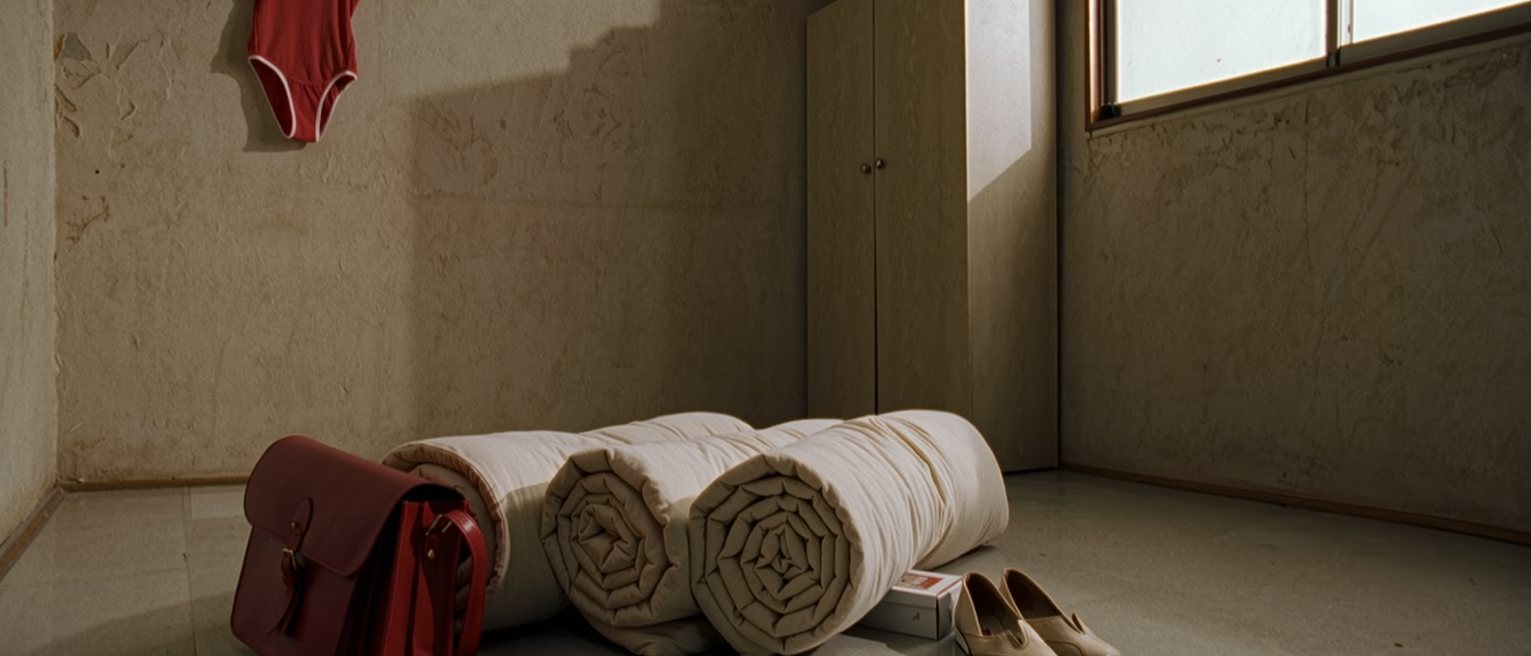 a small bedroom seen close with a futon rolled and a second one beside it, a pair of small shoes new in their box, a red satchel and a swimming costume drying on a hanger, the cupboard soft behind