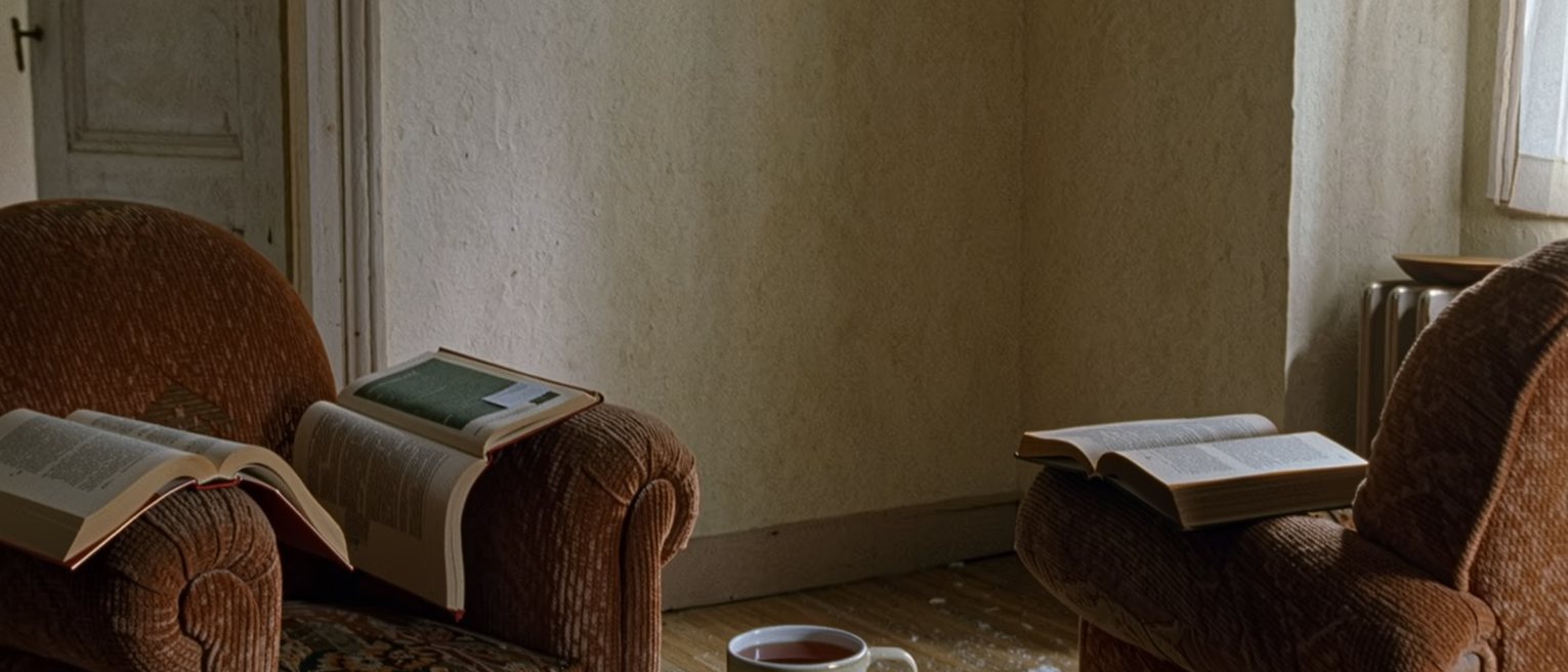 a sitting room with two armchairs, a book open face down on the arm of each, and one pot of tea on the table between them