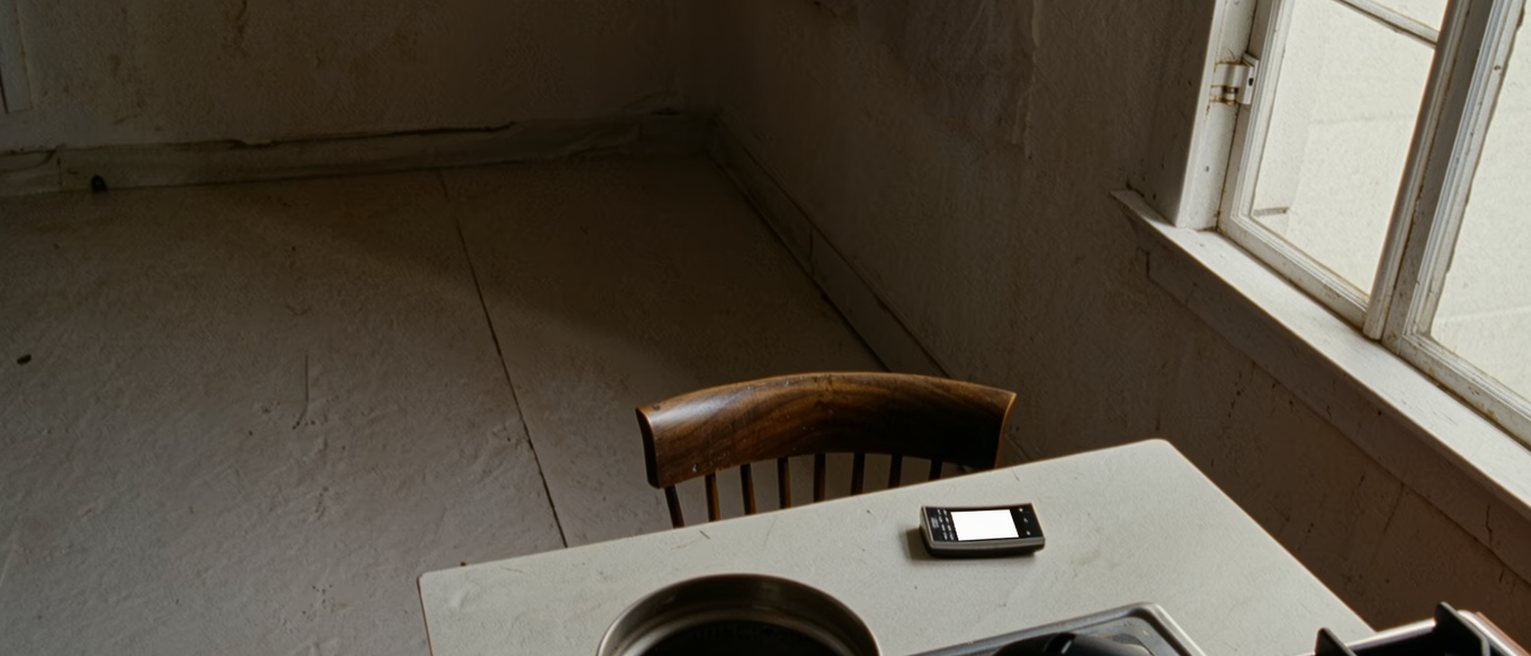 a kitchen with a phone face up on the table and its screen blank, a chair pushed back, the kettle boiled and not poured