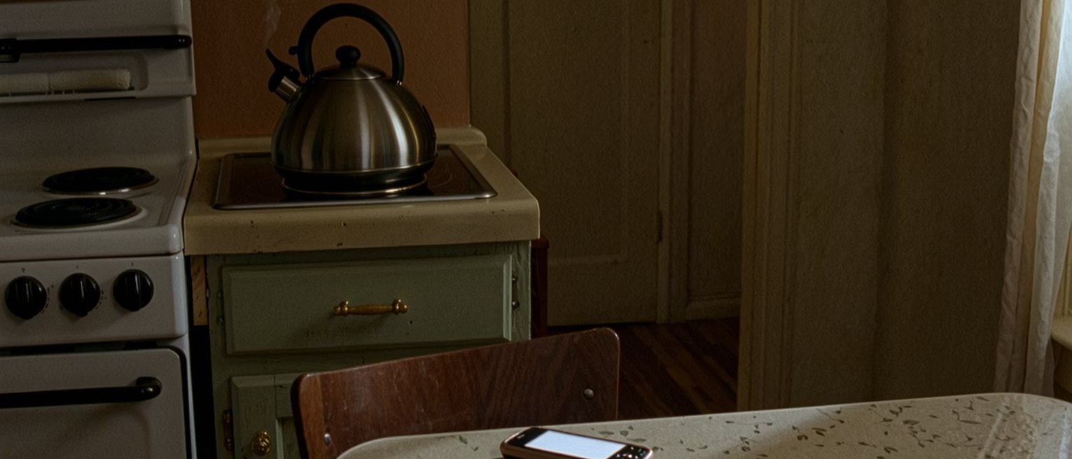 a kitchen with a phone face up on the table and its screen blank, a chair pushed back, the kettle boiled and not poured