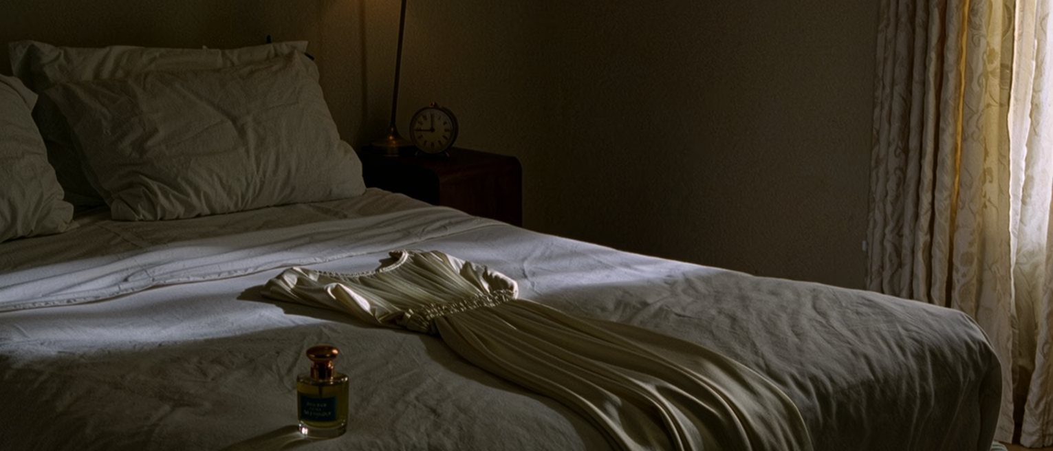a bedroom seen close with the bed made tight, a dress laid out on it and a bottle of scent on the bedside table beside a small clock, the curtains open behind