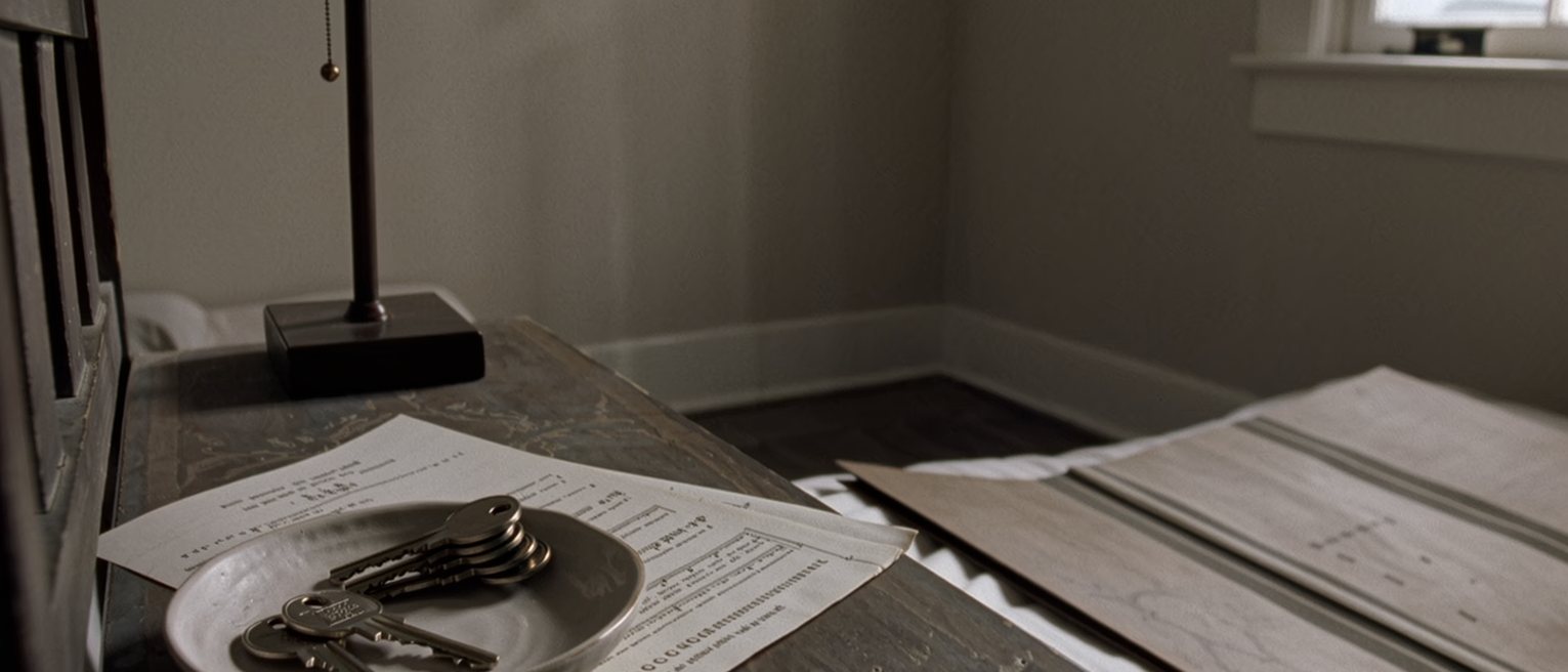 a bedroom seen close with two sets of keys in a dish on the bedside table, a copy of the penal code with a page flagged, a lease in a folder and the lamp close behind