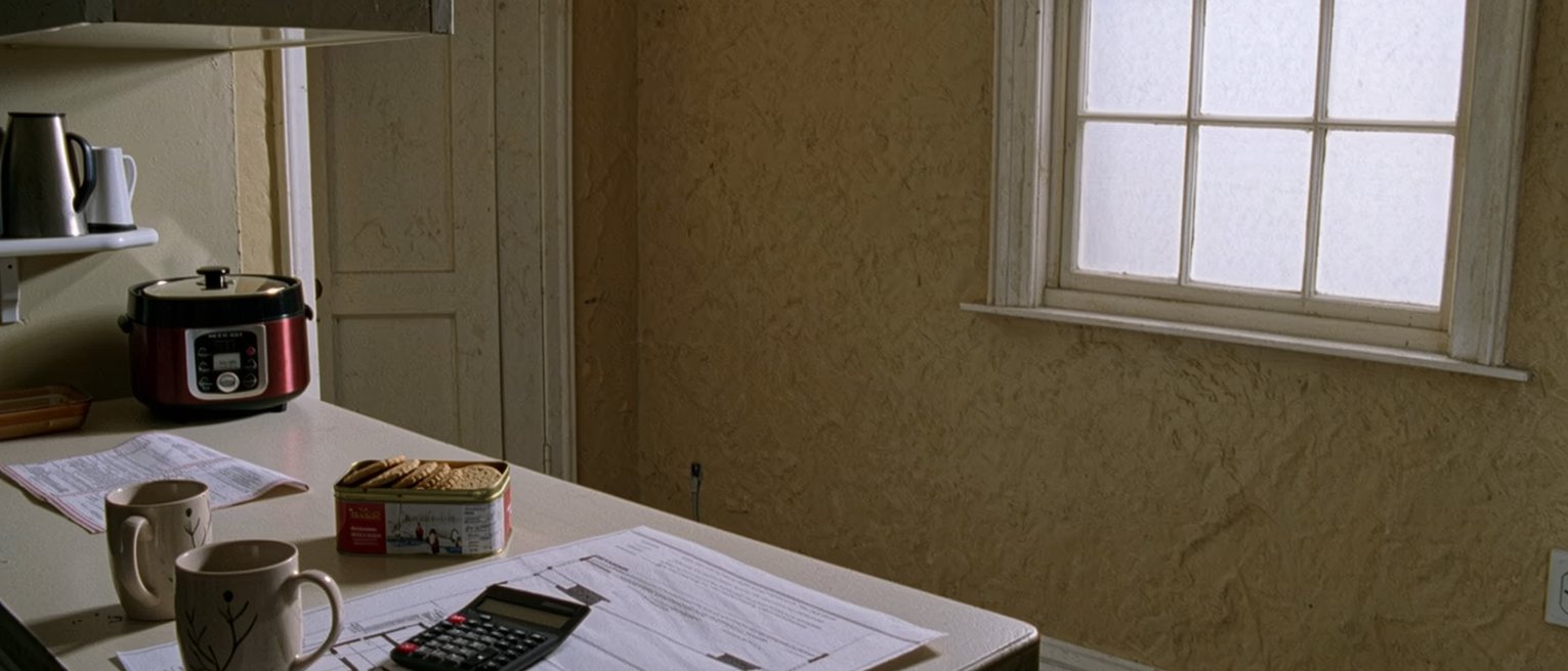 a flat's kitchen table seen close with a housing board application form beside two mugs, a calculator, a folded floor plan and a tin of biscuits, the rice cooker and the shelves close behind and the window onto the block opposite soft beyond