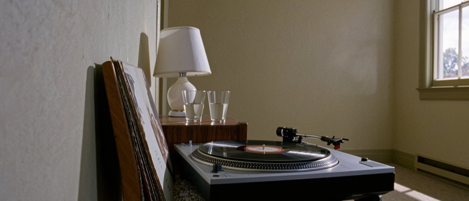 a bedroom seen close with a record sleeve on the chair, the needle resting in the run-out groove of the turntable, two glasses of water on the bedside table and the lamp close behind
