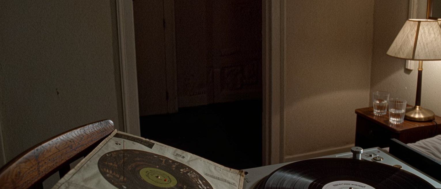 a bedroom seen close with a record sleeve on the chair, the needle resting in the run-out groove of the turntable, two glasses of water on the bedside table and the lamp close behind