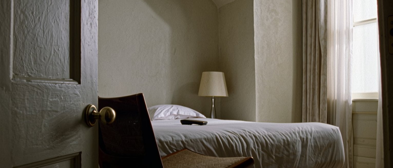 a bedroom seen close with a door bolt drawn and a chair wedged under the handle, a phone on the pillow and a lamp, the curtains drawn behind